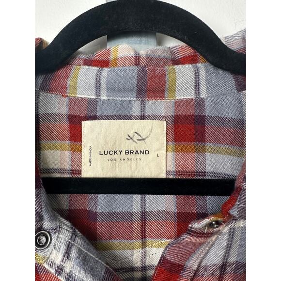 Lucky Brand Flannel Shirt Ruffle L Burgundy & Grey Plaid Peplum Ruffle Button B8 - Picture 4 of 9